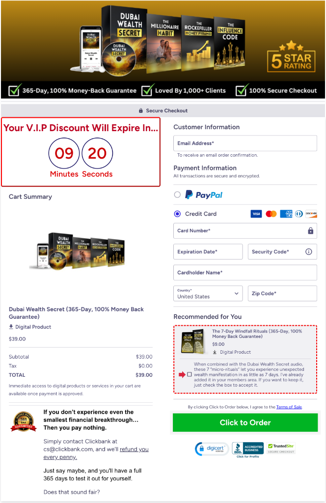 Official ClickBank Secure Checkout Page Preview for Dubai Wealth Secret